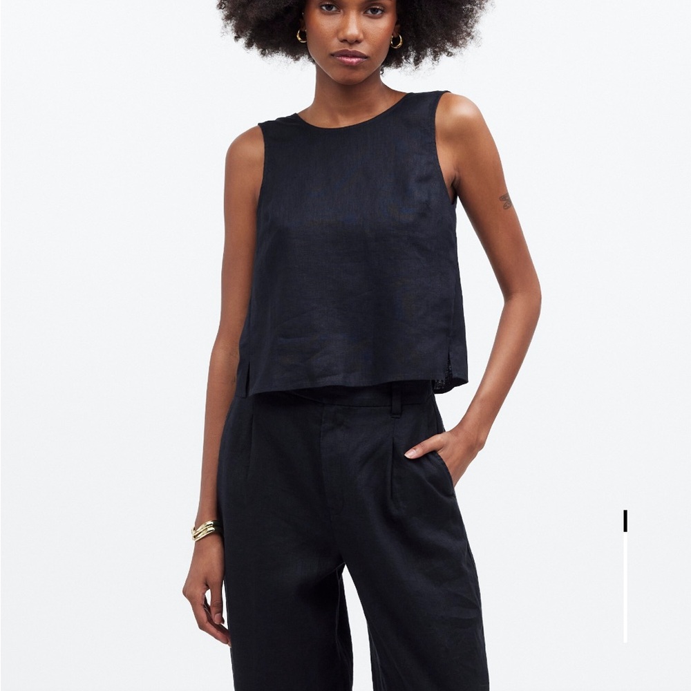 Madewell Black Sleeveless Tie Back Scoopneck Linen Tank Top - Picture 6 of 6